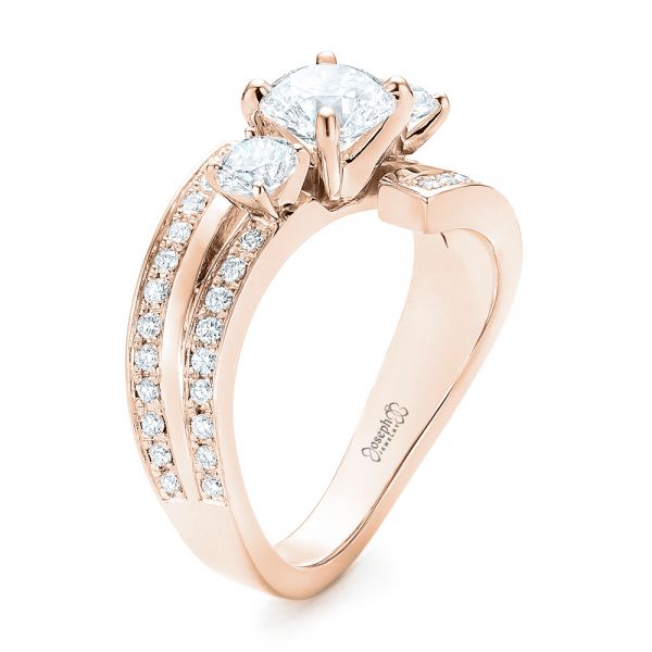 18k Rose Gold 18k Rose Gold Custom Three Stone Diamond Engagement Ring - Three-Quarter View -  102944