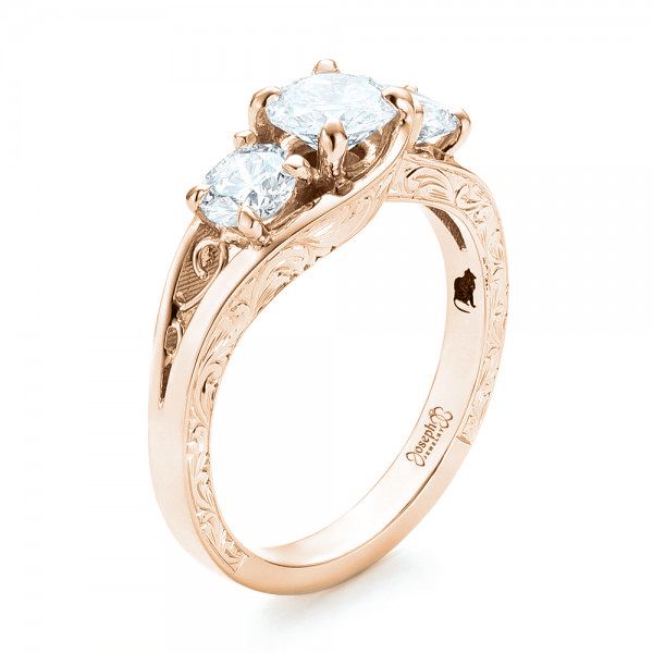 18k Rose Gold 18k Rose Gold Custom Three Stone Diamond Engagement Ring - Three-Quarter View -  103003