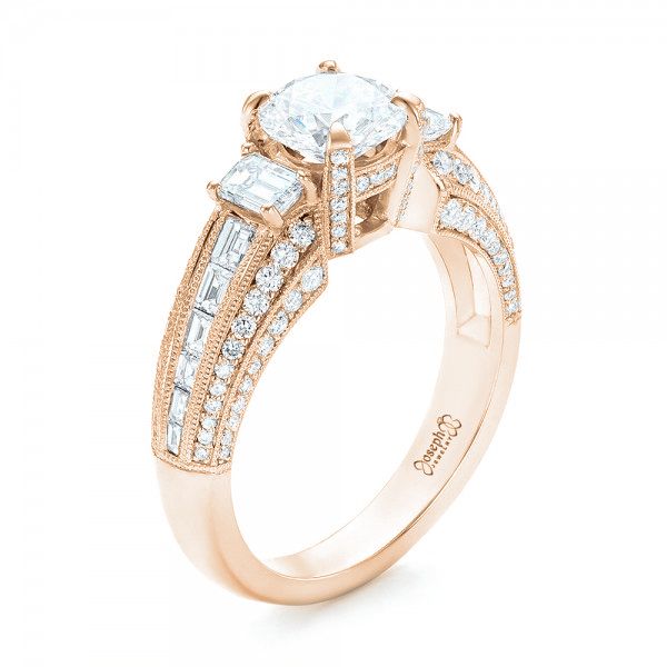 18k Rose Gold 18k Rose Gold Custom Three Stone Diamond Engagement Ring - Three-Quarter View -  103004