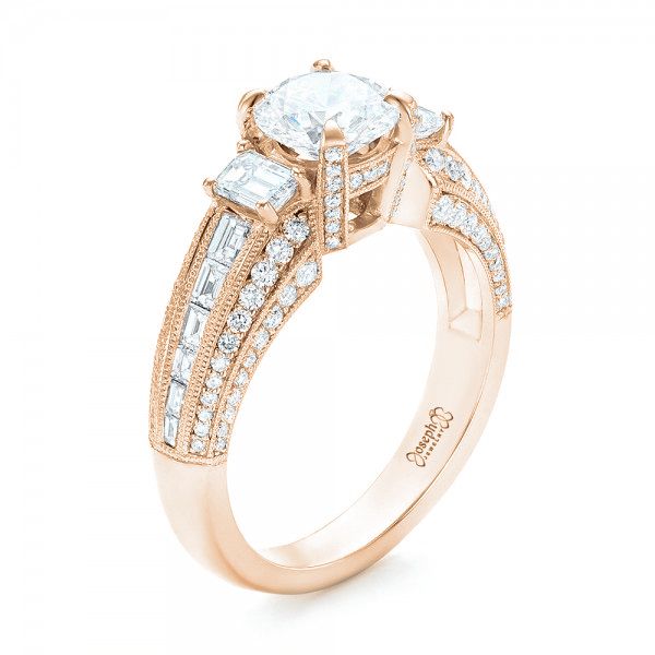 14k Rose Gold 14k Rose Gold Custom Three Stone Diamond Engagement Ring - Three-Quarter View - 103004