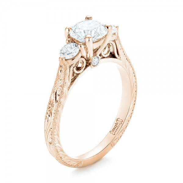 18k Rose Gold 18k Rose Gold Custom Three Stone Diamond Engagement Ring - Three-Quarter View -  103009