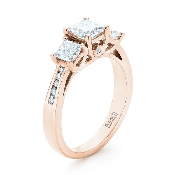 18k Rose Gold 18k Rose Gold Custom Three Stone Diamond Engagement Ring - Three-Quarter View -  103135