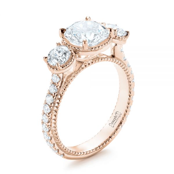 18k Rose Gold 18k Rose Gold Custom Three-stone Diamond Engagement Ring - Three-Quarter View -  103214