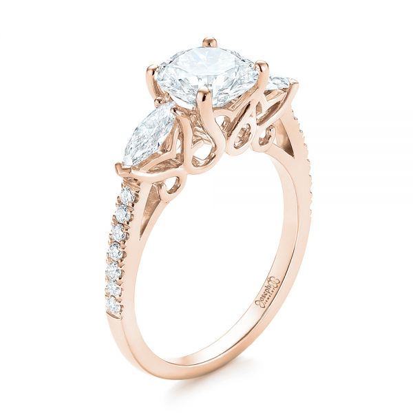 14k Rose Gold 14k Rose Gold Custom Three Stone Diamond Engagement Ring - Three-Quarter View -  103354