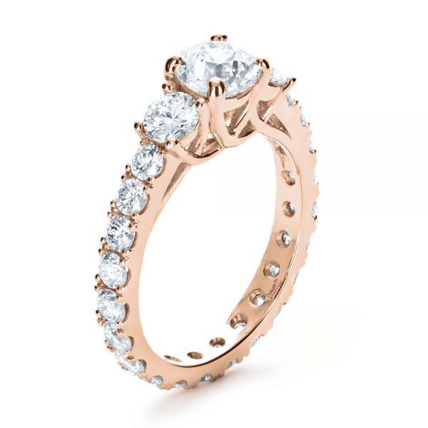 14k Rose Gold 14k Rose Gold Custom Three Stone Diamond Engagement Ring - Three-Quarter View -  1129
