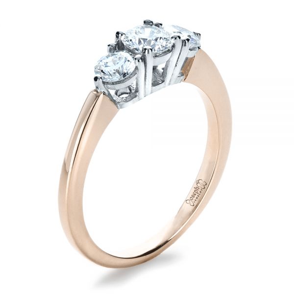 18k Rose Gold And Platinum 18k Rose Gold And Platinum Custom Three Stone Diamond Engagement Ring - Three-Quarter View -  1196
