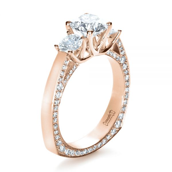 18k Rose Gold 18k Rose Gold Custom Three Stone Diamond Engagement Ring - Three-Quarter View -  1393