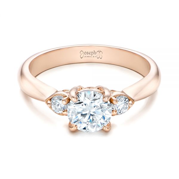 14k Rose Gold Custom Three Stone Diamond Engagement Ring - Flat View -  102039