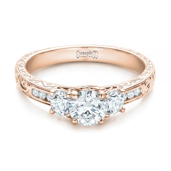 18k Rose Gold 18k Rose Gold Custom Three-stone Diamond Engagement Ring - Flat View -  102131