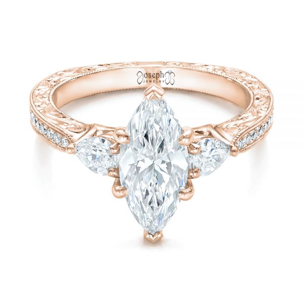 18k Rose Gold 18k Rose Gold Custom Three Stone Diamond Engagement Ring - Flat View -  102353