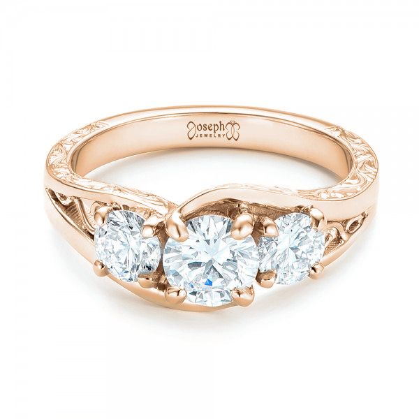 18k Rose Gold 18k Rose Gold Custom Three Stone Diamond Engagement Ring - Flat View -  103003
