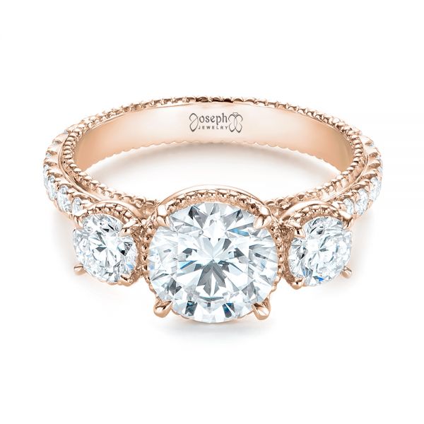 18k Rose Gold 18k Rose Gold Custom Three-stone Diamond Engagement Ring - Flat View -  103214