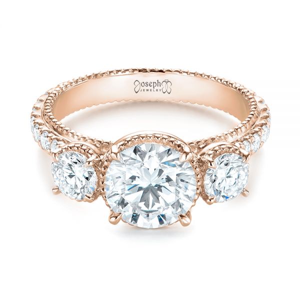 18k Rose Gold 18k Rose Gold Custom Three-stone Diamond Engagement Ring - Flat View - 103214