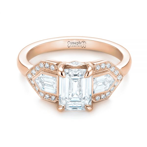 18k Rose Gold 18k Rose Gold Custom Three Stone Diamond Engagement Ring - Flat View -  104830