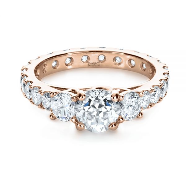 18k Rose Gold 18k Rose Gold Custom Three Stone Diamond Engagement Ring - Flat View -  1129