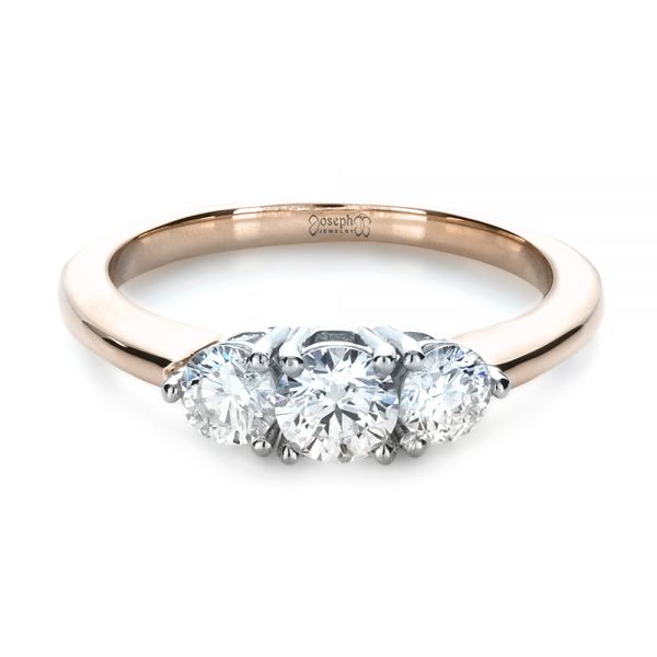 18k Rose Gold And 14K Gold 18k Rose Gold And 14K Gold Custom Three Stone Diamond Engagement Ring - Flat View -  1196