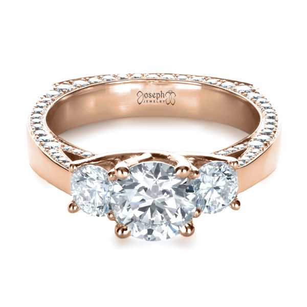 18k Rose Gold 18k Rose Gold Custom Three Stone Diamond Engagement Ring - Flat View -  1393
