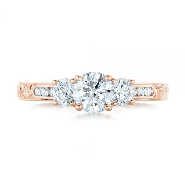 18k Rose Gold 18k Rose Gold Custom Three-stone Diamond Engagement Ring - Top View -  102131