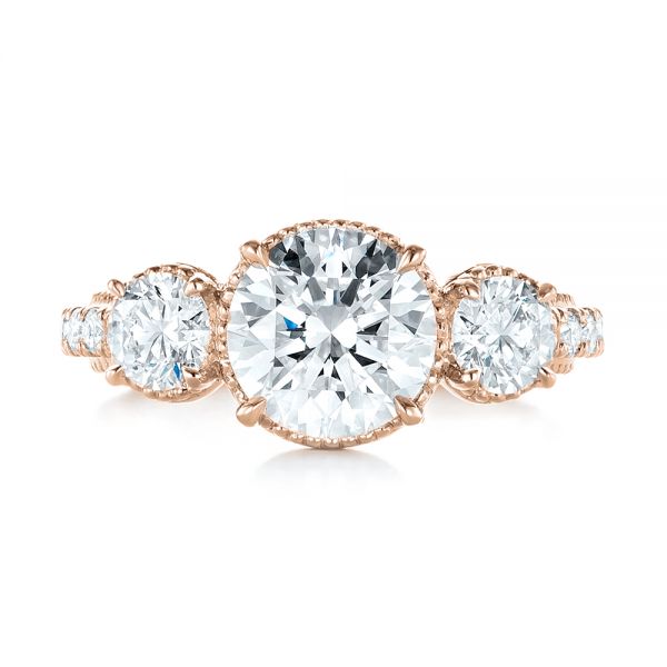 18k Rose Gold 18k Rose Gold Custom Three-stone Diamond Engagement Ring - Top View - 103214