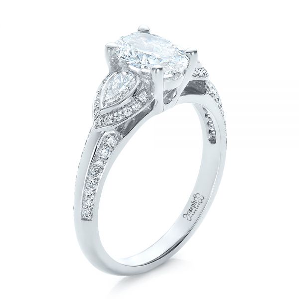 14k White Gold Custom Three Stone Diamond Engagement Ring - Three-Quarter View -  100279
