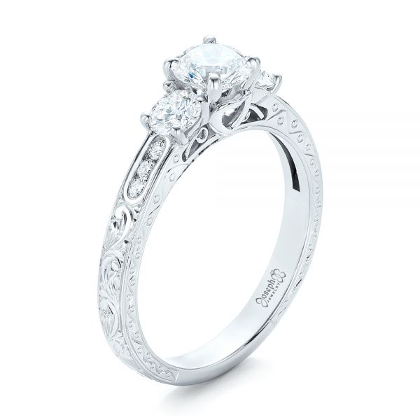 14k White Gold Custom Three-stone Diamond Engagement Ring - Three-Quarter View -  102131