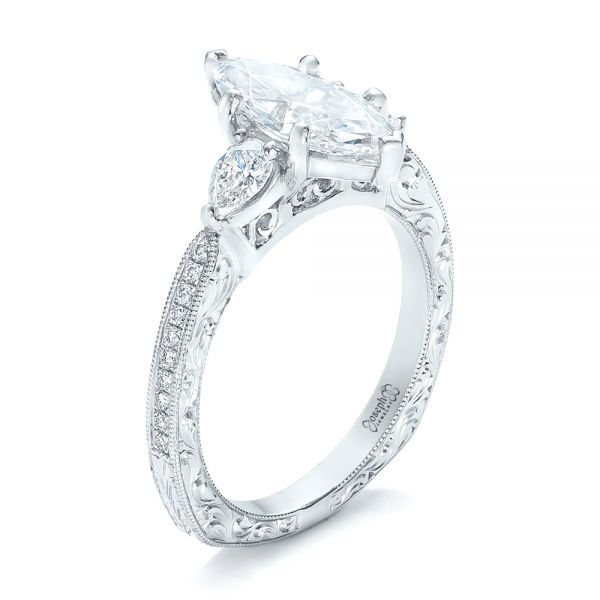  Platinum Custom Three Stone Diamond Engagement Ring - Three-Quarter View -  102353