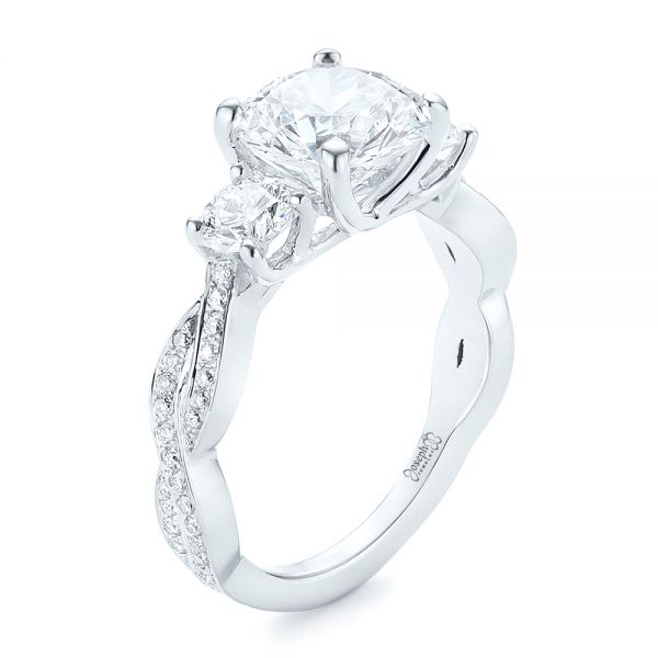 14k White Gold Custom Three Stone Diamond Engagement Ring - Three-Quarter View -  102465