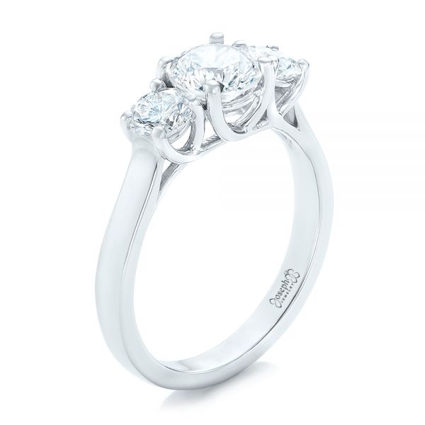 14k White Gold Custom Three Stone Diamond Engagement Ring - Three-Quarter View -  102540