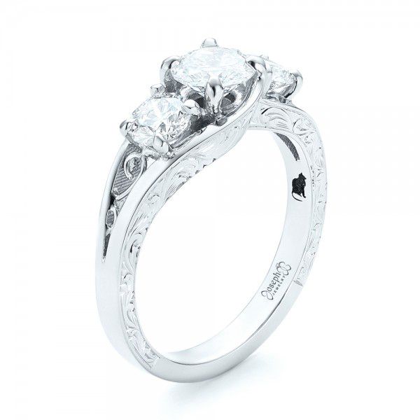 14k White Gold 14k White Gold Custom Three Stone Diamond Engagement Ring - Three-Quarter View -  103003