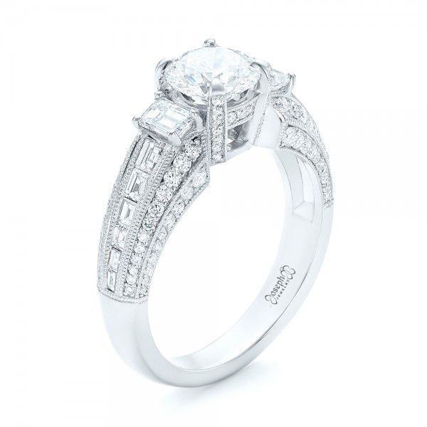 18k White Gold 18k White Gold Custom Three Stone Diamond Engagement Ring - Three-Quarter View -  103004