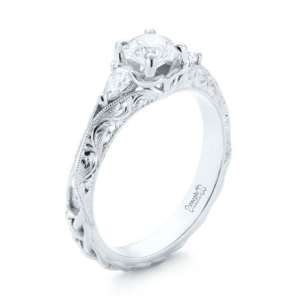 18k White Gold Custom Three Stone Diamond Engagement Ring - Three-Quarter View -  103349