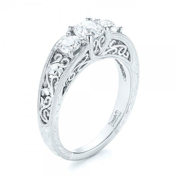 18k White Gold 18k White Gold Custom Three Stone Diamond Engagement Ring - Three-Quarter View -  103426