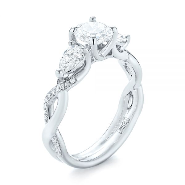 14k White Gold Custom Three Stone Diamond Engagement Ring - Three-Quarter View -  103503