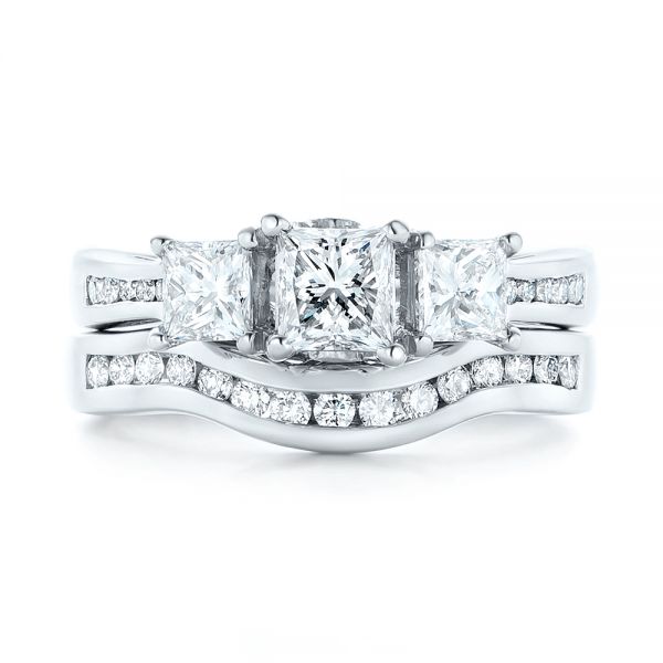 18k White Gold 18k White Gold Custom Three Stone Diamond Engagement Ring - Three-Quarter View -  103135