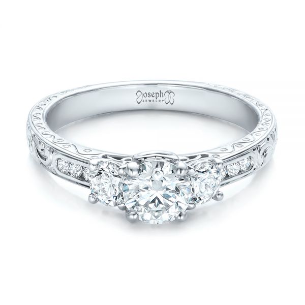 14k White Gold Custom Three-stone Diamond Engagement Ring - Flat View -  102131