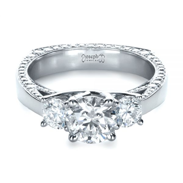  Platinum Custom Three Stone Diamond Engagement Ring - Flat View -  1393