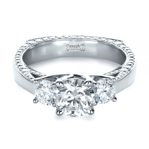 Platinum Custom Three Stone Diamond Engagement Ring - Flat View - 1393