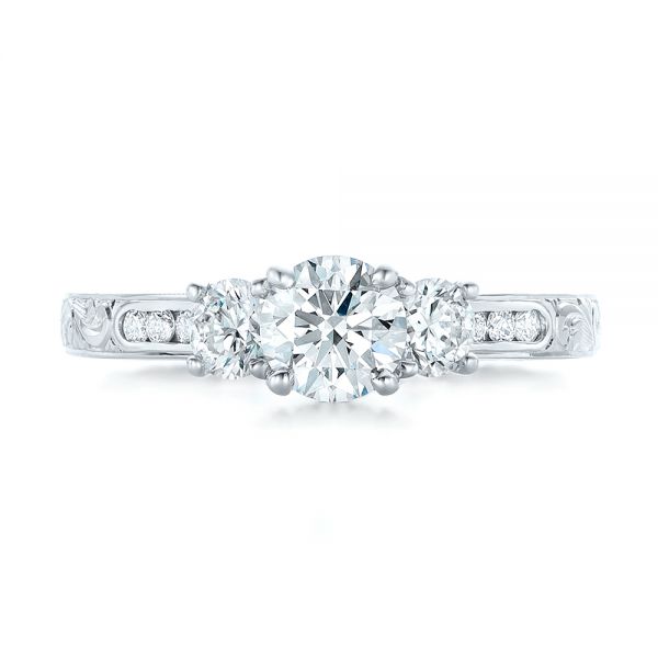 14k White Gold Custom Three-stone Diamond Engagement Ring - Top View -  102131