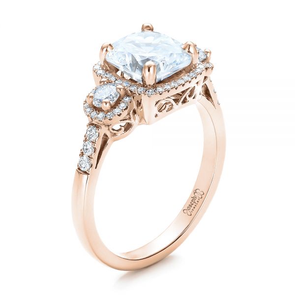 14k Rose Gold 14k Rose Gold Custom Three Stone Diamond Halo Engagement Ring - Three-Quarter View -  101934