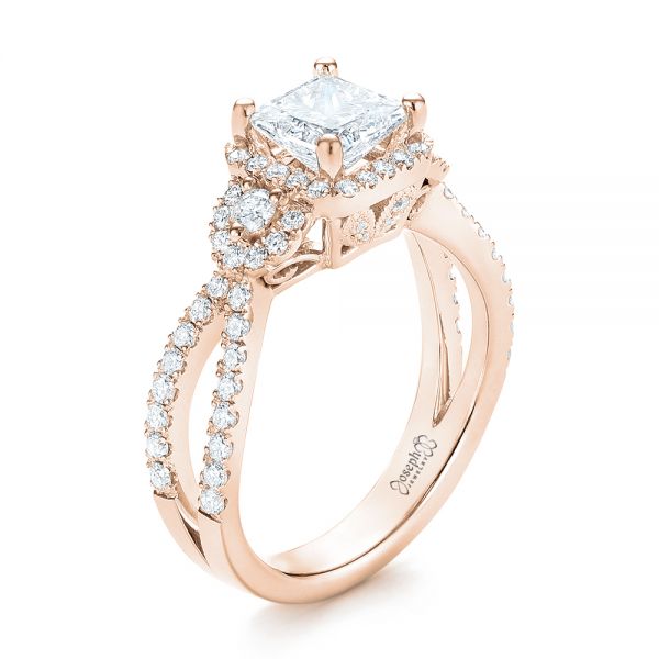 14k Rose Gold 14k Rose Gold Custom Three Stone Diamond Halo Engagement Ring - Three-Quarter View -  103204