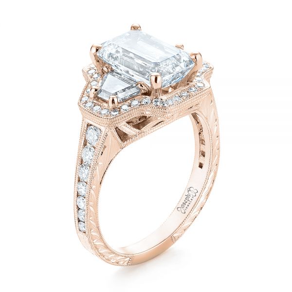 18k Rose Gold 18k Rose Gold Custom Three Stone Diamond Halo Engagement Ring - Three-Quarter View - 103401