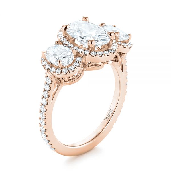 18k Rose Gold 18k Rose Gold Custom Three Stone Diamond Halo Engagement Ring - Three-Quarter View -  103463