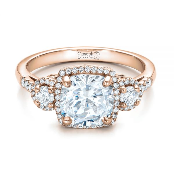 18k Rose Gold 18k Rose Gold Custom Three Stone Diamond Halo Engagement Ring - Flat View -  101934