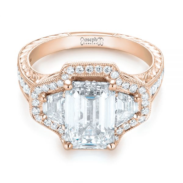 18k Rose Gold 18k Rose Gold Custom Three Stone Diamond Halo Engagement Ring - Flat View - 103401