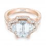 18k Rose Gold 18k Rose Gold Custom Three Stone Diamond Halo Engagement Ring - Flat View -  103401 - Thumbnail