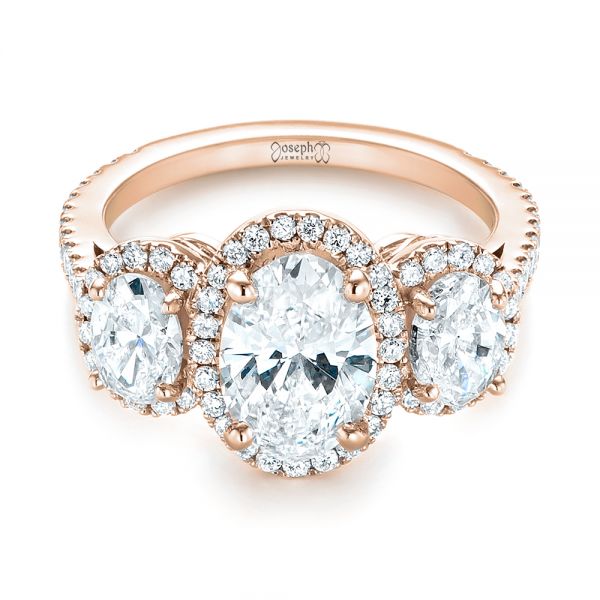 18k Rose Gold 18k Rose Gold Custom Three Stone Diamond Halo Engagement Ring - Flat View -  103463