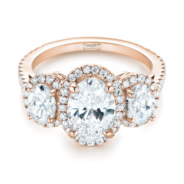 18k Rose Gold 18k Rose Gold Custom Three Stone Diamond Halo Engagement Ring - Flat View - 103463