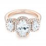 18k Rose Gold 18k Rose Gold Custom Three Stone Diamond Halo Engagement Ring - Flat View -  103463 - Thumbnail