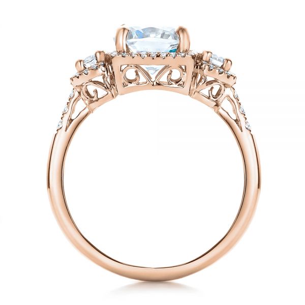 18k Rose Gold 18k Rose Gold Custom Three Stone Diamond Halo Engagement Ring - Front View -  101934