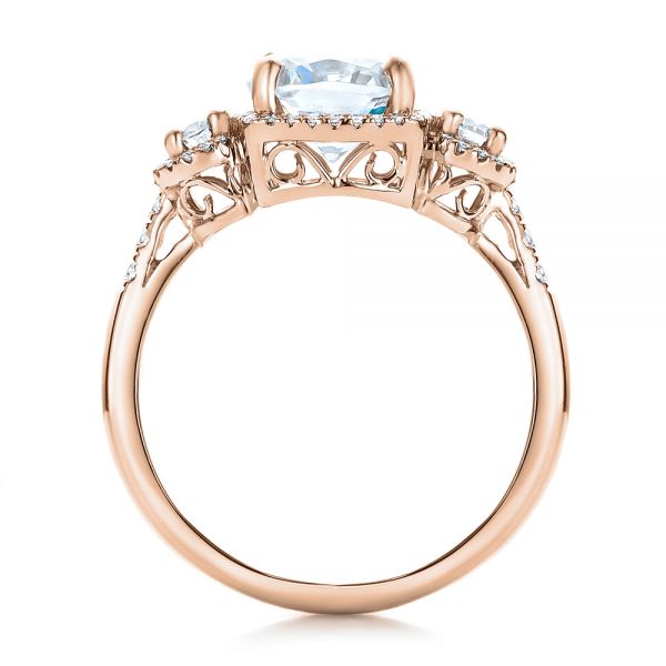 18k Rose Gold 18k Rose Gold Custom Three Stone Diamond Halo Engagement Ring - Front View -  101934